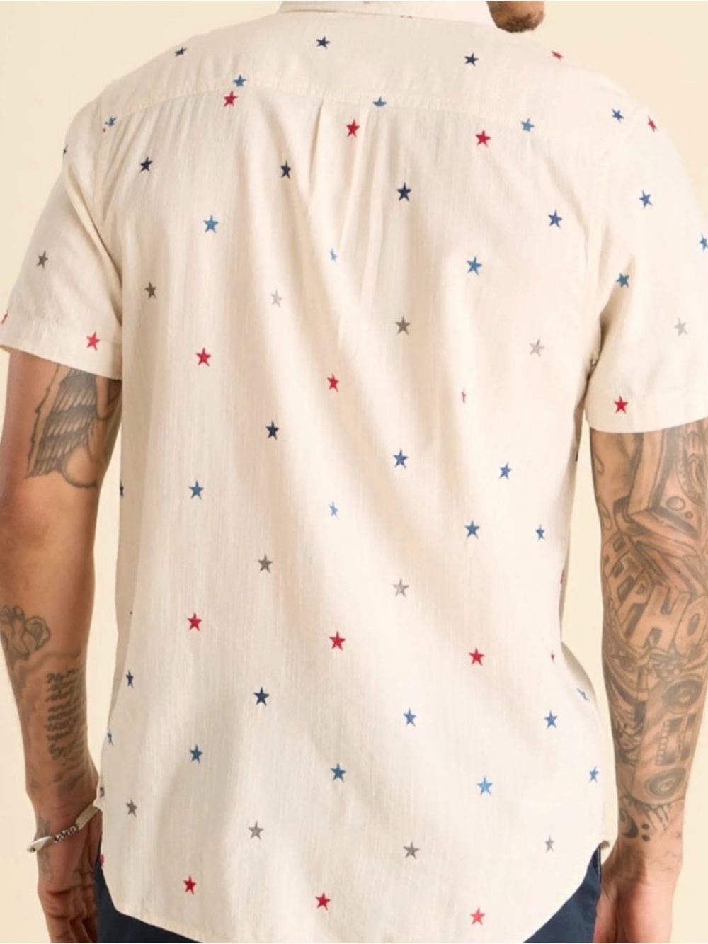 Men's Cream American Patriotic Star-Print Short Sleeve Button-Up Shirt - Picture 2 of 6